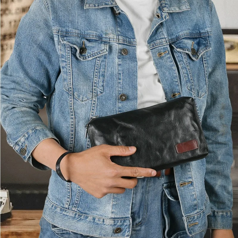 Genuine Leather Casual Business Clutch Stylish Wallet for Men, Top-Grain Cowhide, Phone and Key Pouch