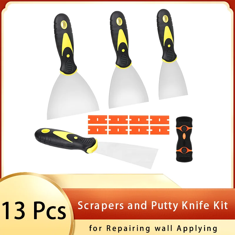 Scrapers and Putty Knife Kit 13 Pcs Stainless Steel for Repairing wall Applying Plaster Cement Adhesive Removing Wallpaper