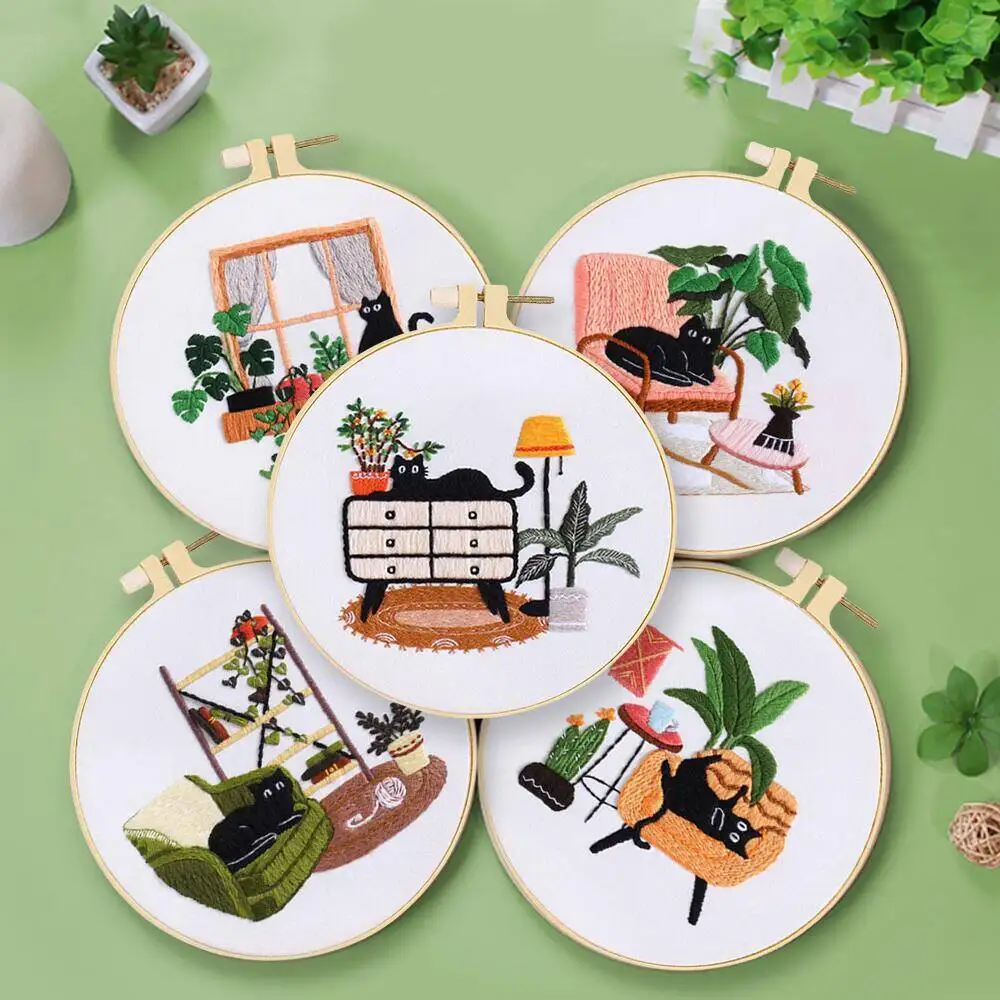 

5PCS Diy Embroidery Kit Scenery Cat Animal Room Kit With Pattern And English Instructions Home Decoration Modern