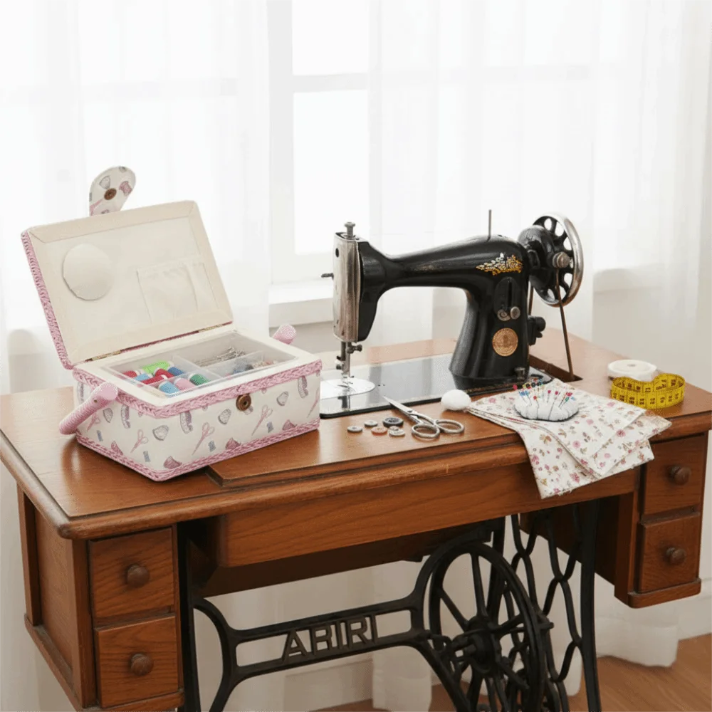 

Large Capacity Sewing Basket Print Design Removable Plastic Tray Sewing Organizer Box Mending Storage Interior Pocket
