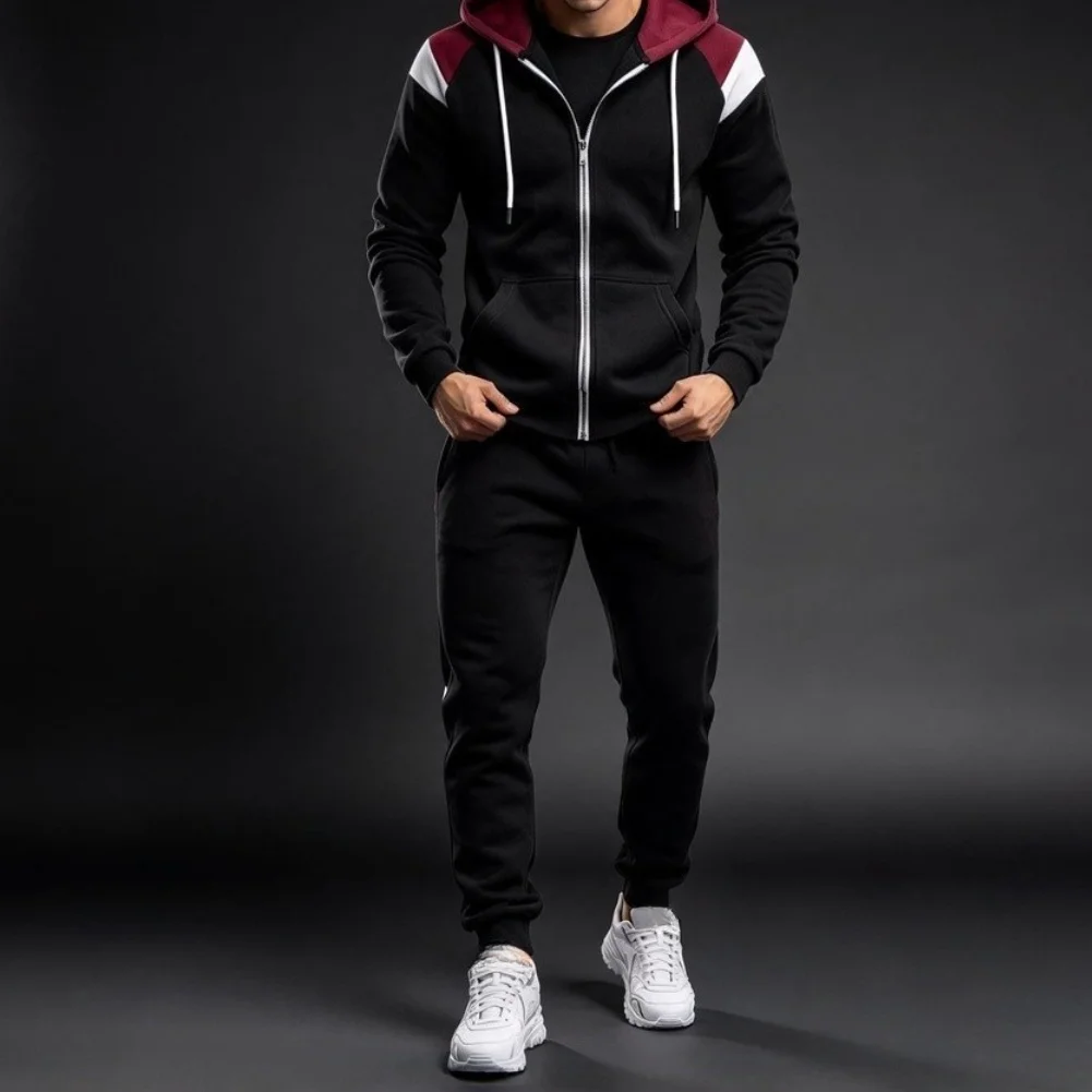 Autumn Winter Men\\\'s Hoodie Pants Two-Piece Set for Running Sports Casual Wear with Comfortable Polyester Spandex Blend