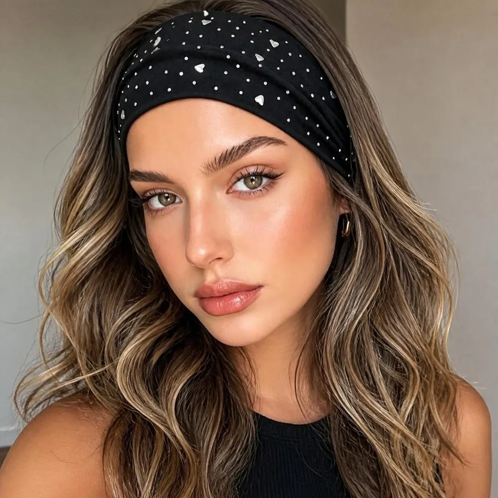 Versatile Fabric Star Headband Wide Star Studded Wide Hair Wrap Rhinestone Accents Elastic Star Studded Wide Headband Party Look