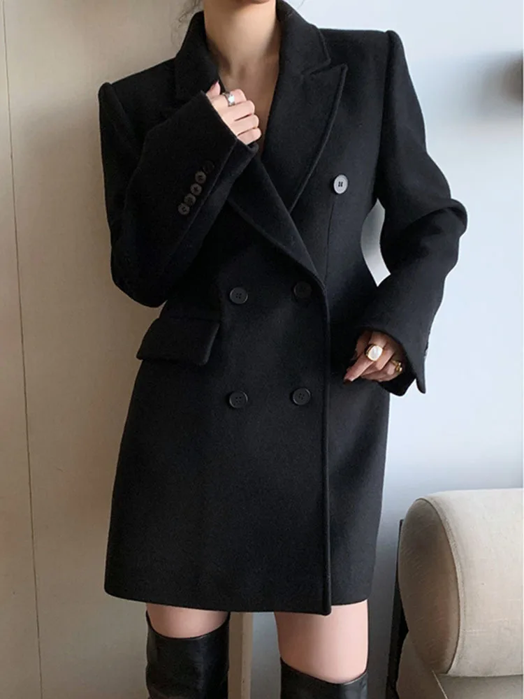 BZVW Office Lady Women Blazer Notched Solid Color Double Breasted Belt Gathered Waist Woolen Coat 2024 New Clothing 25X3730