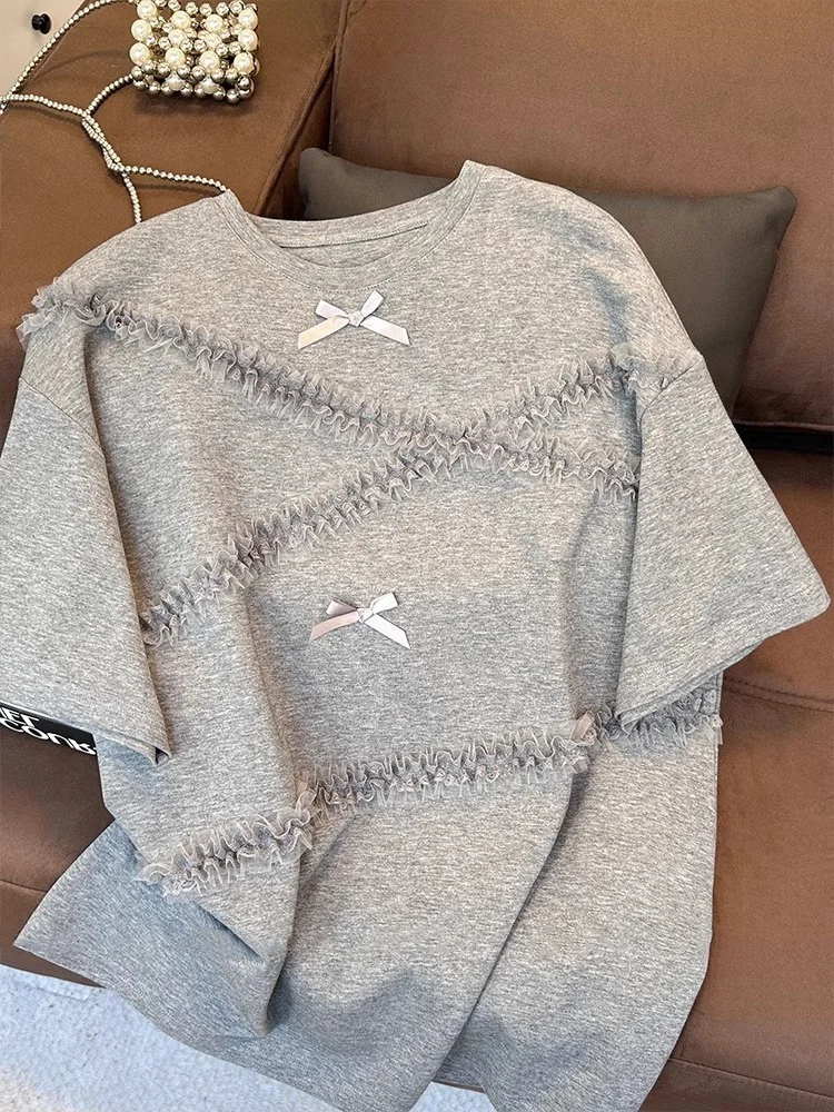 Heavy Stickerei Lace Knot ort Sve T-Shirt ex Sommer Vintage Casual Vielseitiges Oulder Level Top