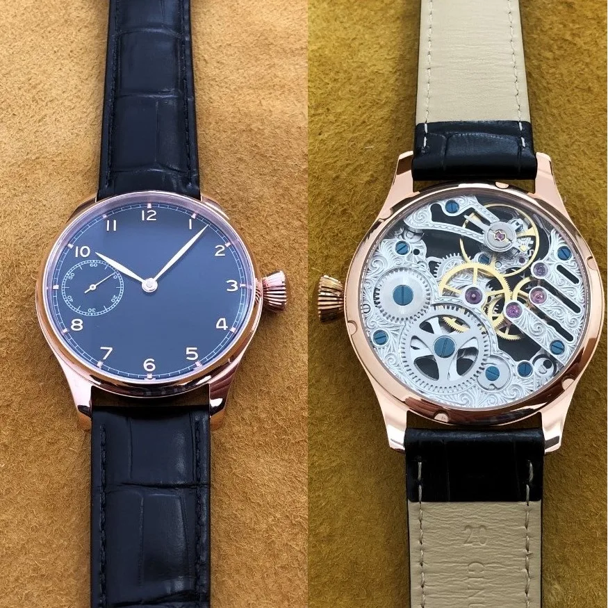 Customized 41mm GEERVO No Logo Blue Dial Asian ETA6497 Skeleton Movement Plating 18K Rose Gold Case Mechanical Pilot\'s Men Watch