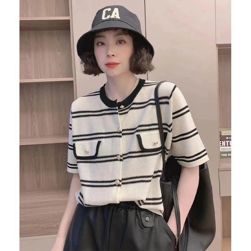 

Faionable Color Blo Stripe ort Sve Ice Silk Knitted Open Cardigan Women's Summer Outerwear Versatile Design round Ne...