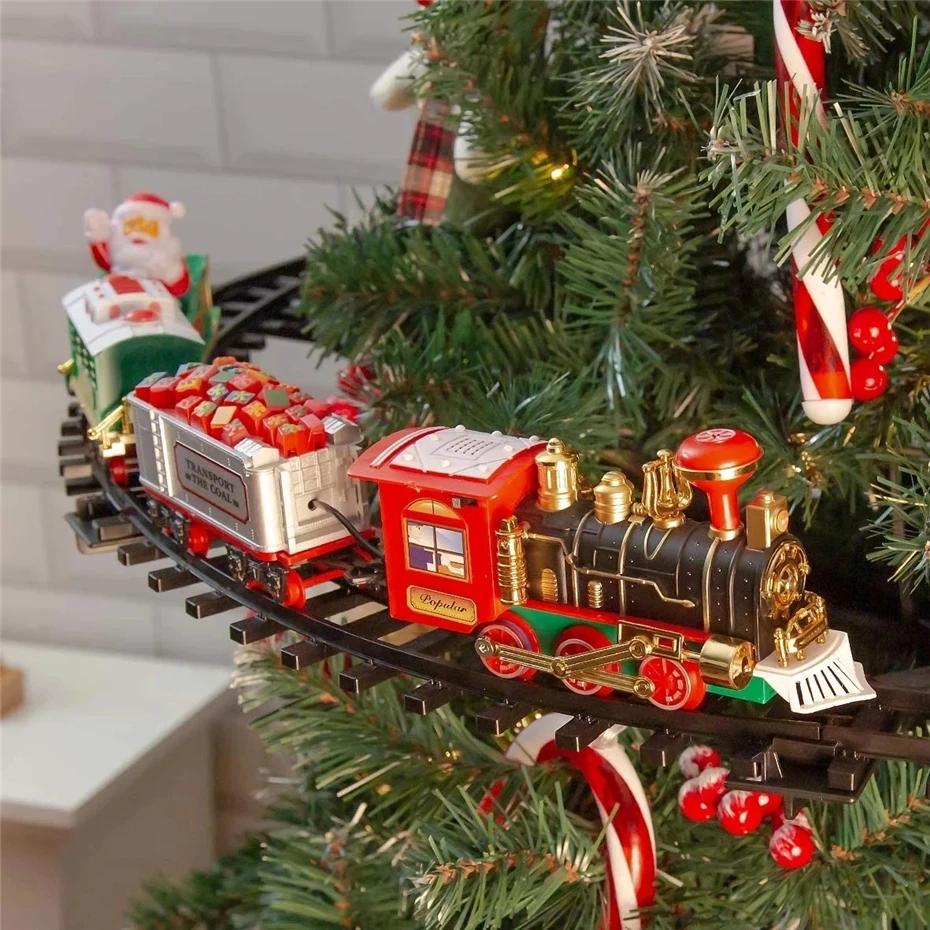 MEOA Rail Train Sets For Christmas Tree Decoration Electric Track Rail Train With With Sound&Lights Railway Car Toys Xmas Gifts