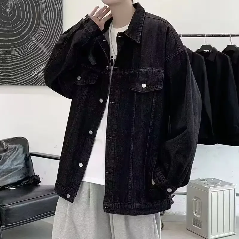 

American style New Fashion Men's Loose Simple Basic Casual Trendy Turn-down Collar Long Sleeve Denim Jackets Male Coats Clothes
