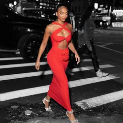 VC Red Dresses For Women Sexy Backless 3D Flowers Design Sleeveless Draped Long Dress Party Evening Vestidos