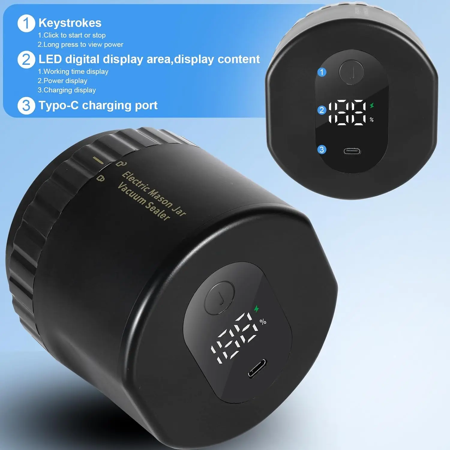 Sigillatrice sottovuoto, per barattoli di vetro a bocca larga e bocca normale, macchina per sigillare sottovuoto per alimenti (arresto automatico)