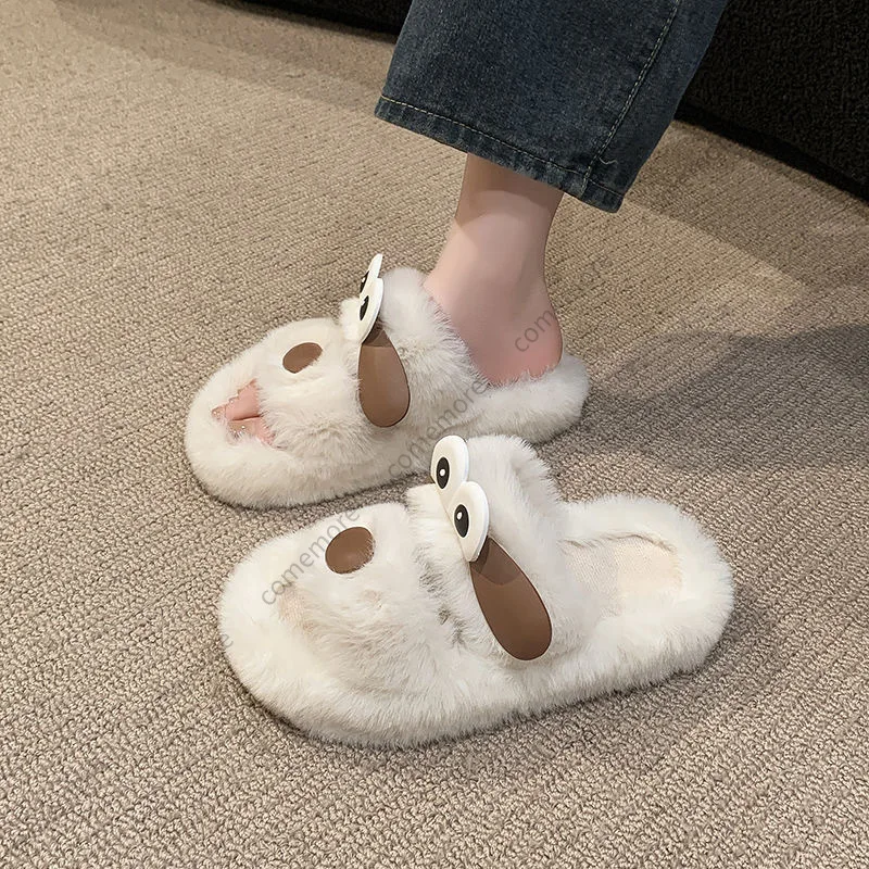 Cute Cartoon Big Eyes Dog Slippers Shoes for Women Winter Warm Faux Fur Shoes Flip Flops Plush Platform Ladies Home Slippers