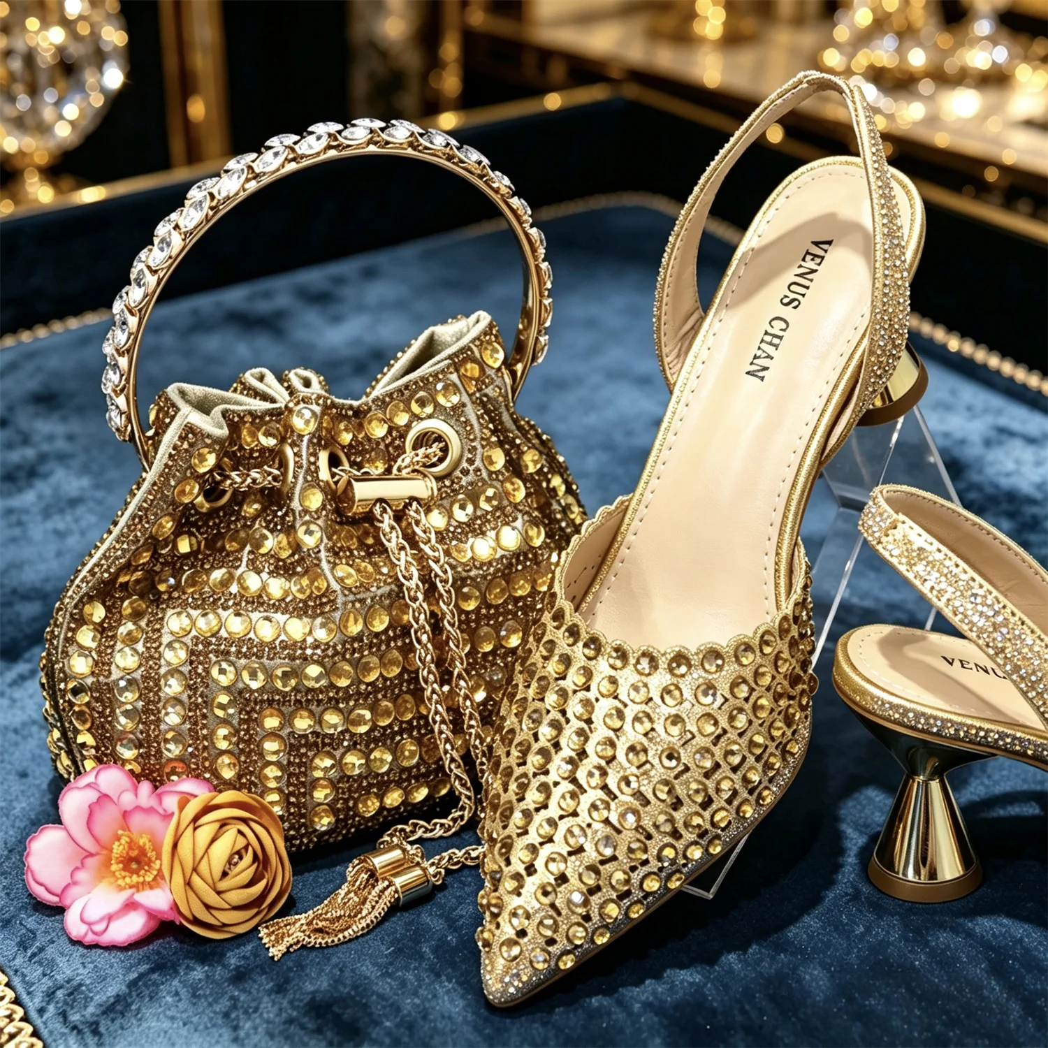 Shiny Gold Rhinestone Shoe & Bucket Bag Set | Pointed Crystal Heels, Womens Lux Wedding Eve Bridal Formal Prom Match Purse Kits