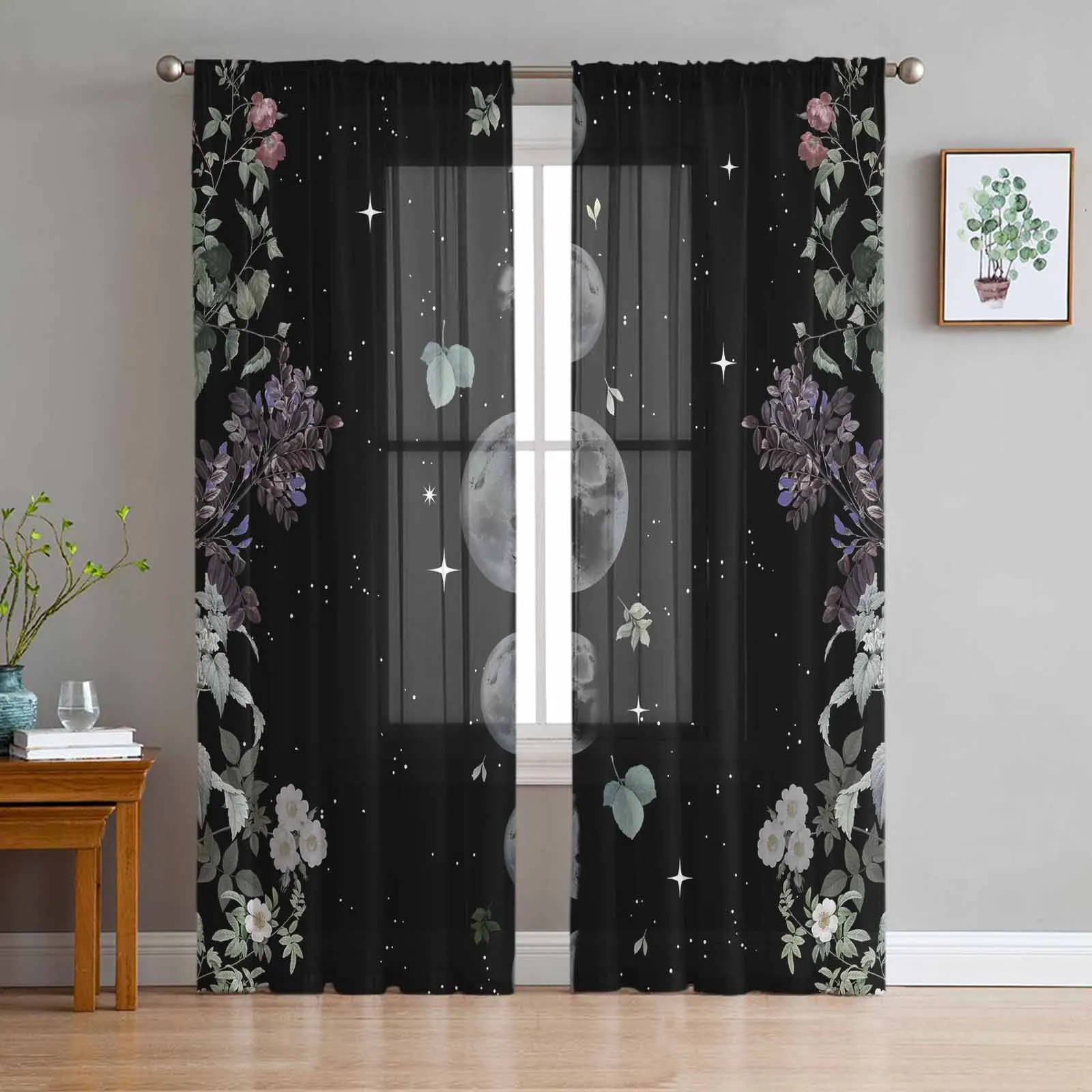 Moonlight Flower Vintage Tarot Stars Voile Sheer Curtains Living Room Window Tulle Curtain Kitchen Bedroom Drapes Home Decor