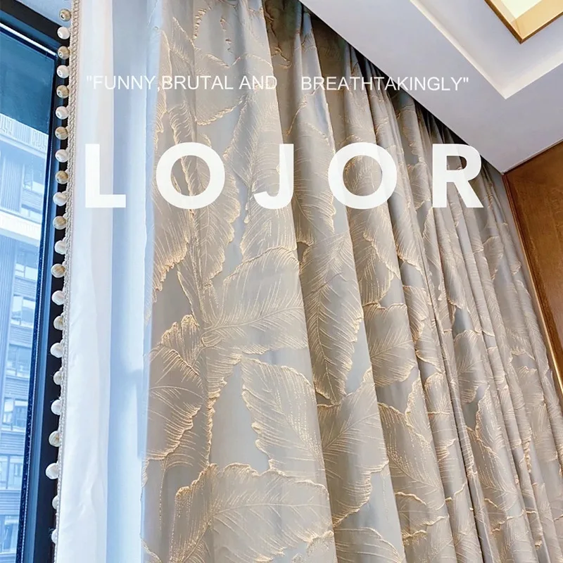 

French Light Luxury Curtains for Bedroom, Living Room, Jacquard Relief Gold Wire Leaf Curtains, Home Windows Interior
