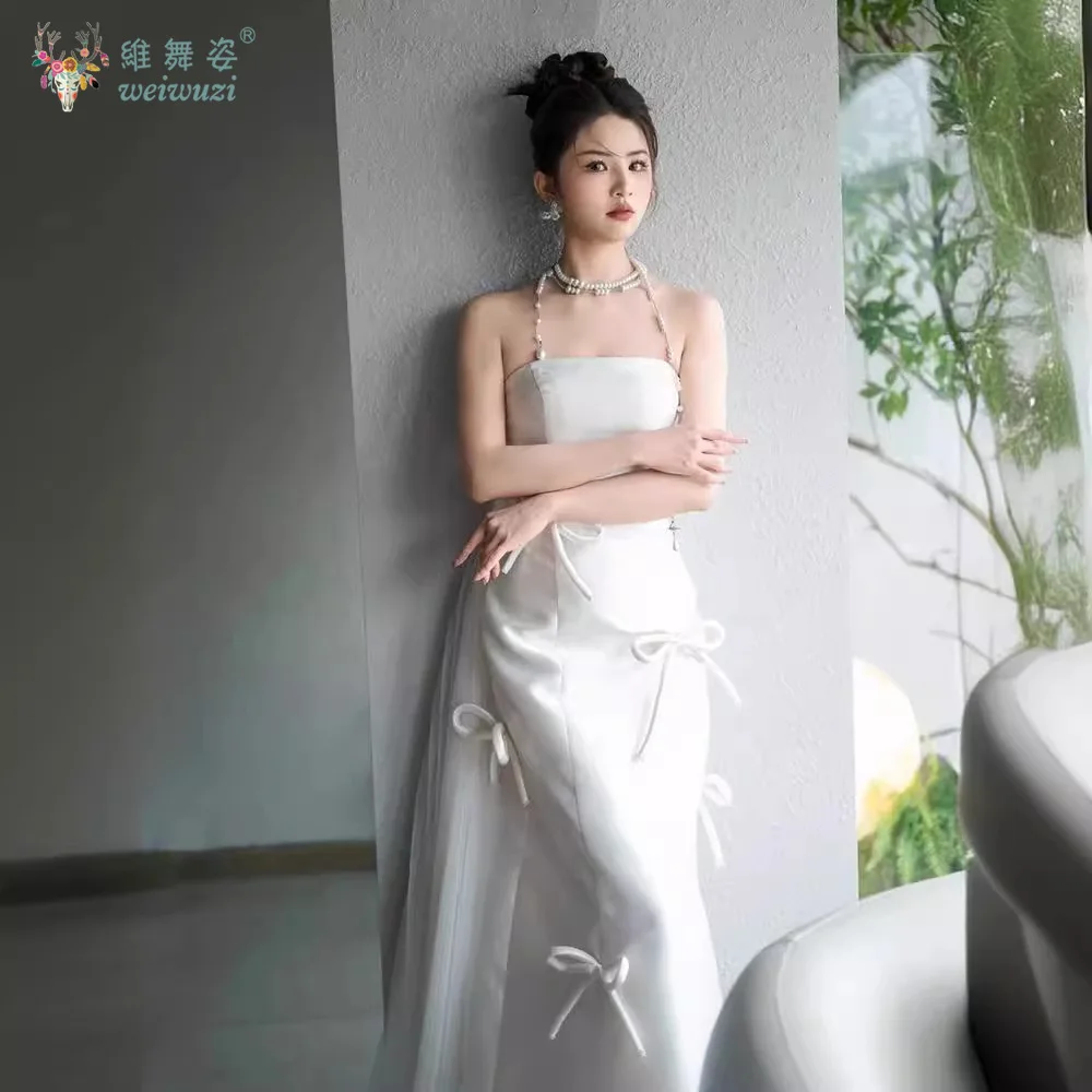 

French Style Satin Bow Decal Watteau Trailing Bride's Wedding Dress Simple Temperament Strapless Fish Tail Light Wedding Dress