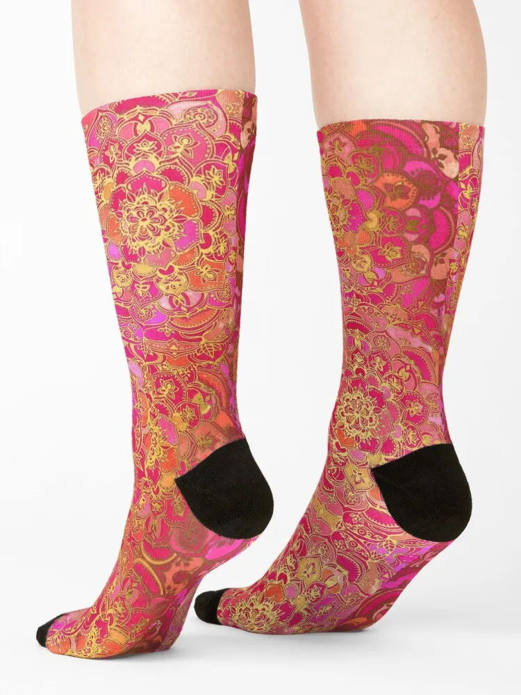 Hot Pink and Gold Baroque Floral Pattern Socks warm winter designer brand anti-slip crazy Luxury Woman Socks Men's