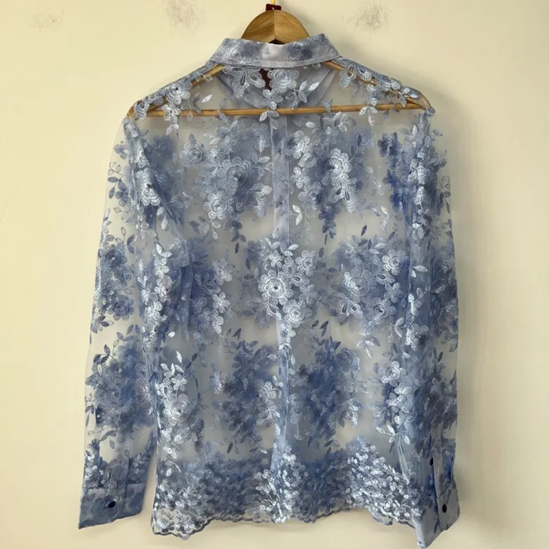 WVGA Summer New Men's Floral Embroidered Sheer Mesh Trendy Long Sleeve Shirt By Original Designe Loose Fit Niche Tops Ins W23719