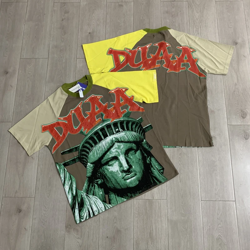 European American Fashion Trend Brand Contrasting Color Hot Stamping Washed Statue Liberty Pattern Duaa Short Sleeved T-shirt