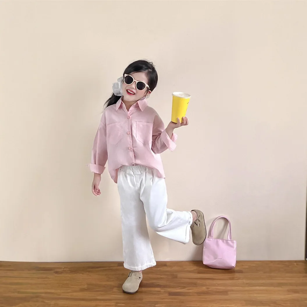 

2025 Autumn New Korean Version of Children's Clothing Girls Sweet Long-sleeved Shirt Shirt Flanged Straight Pants Trousers