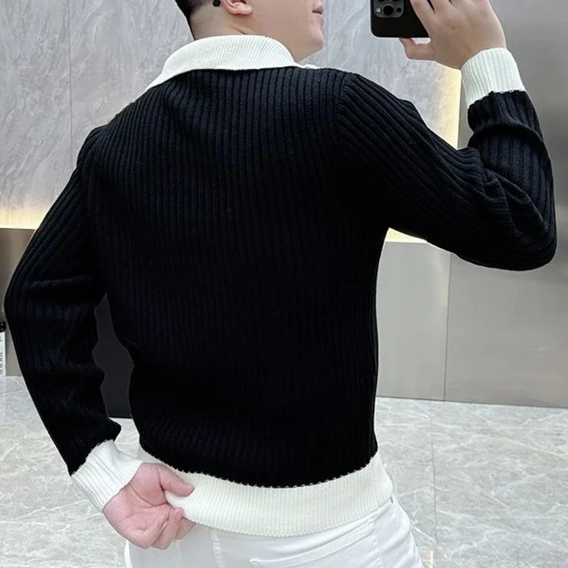 Men's Autumn Winter Korean Style Half-Zip Polo Collar Knit Sweater, Slim Fit Black White Contrast Color Long Sleeve Pullover
