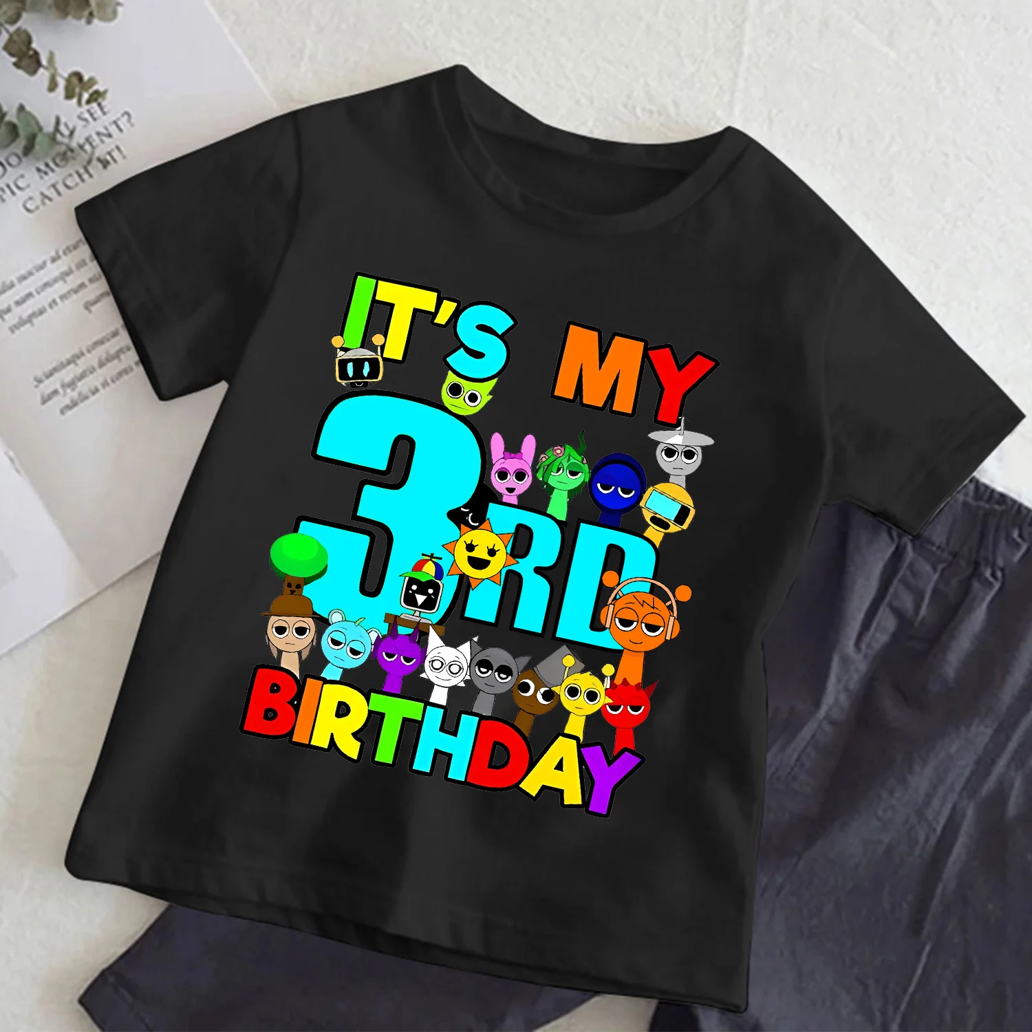 Sprunki T-shirt for Children Birthday Figure Tee Top New Boys Girls Clothes Cartoon Short Sleeve Kids Black Loose Clothing Gift