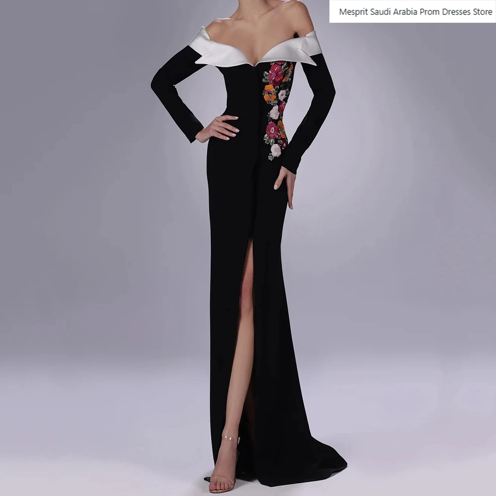 

Black Mermaid Women's Evening Dresses Floor-length Off The Shoulder Full Sleeve Prom Gown Fashion Flowers Draped Customized Gown
