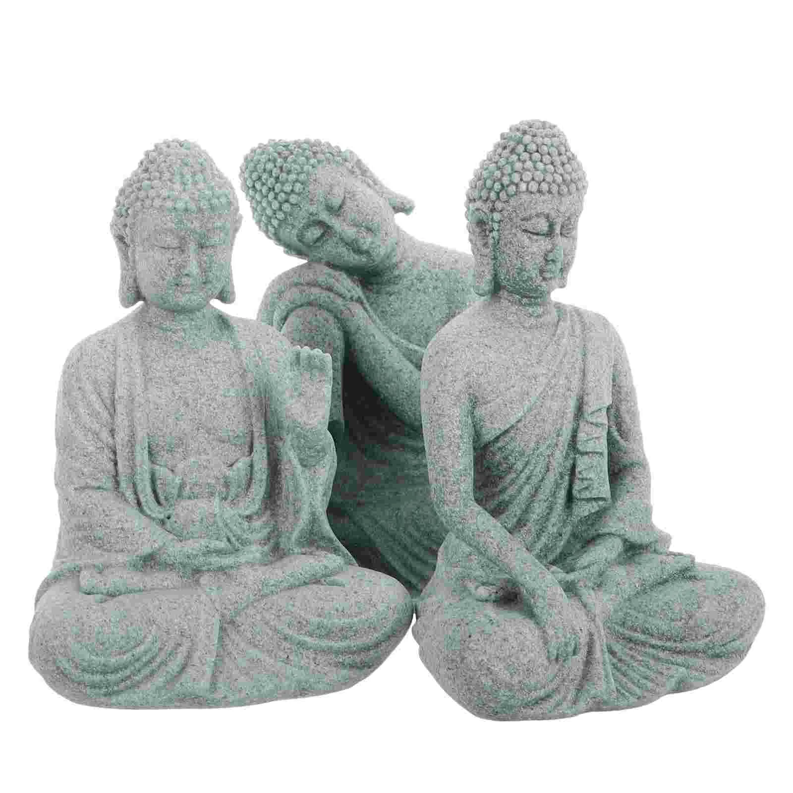 Estatua de Buda para decoración del hogar, estantería, escultura de piedra arenisca pequeña, escritorio, Mini sala de estar gris chino, 3 uds.