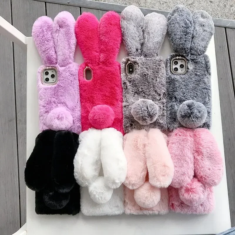 Plush Fur Rabbit Soft Case For Xiaomi Redmi A1 A2 A1+ A2+ Note 13 Pro Pro+ 12s 12 4G 12 Pro Pro+ 5G Warm Cute Fluffy Case