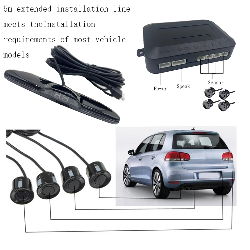 New LED Parking Sensor System Backlight Monitor Display Kit Backup Detector Assistant 4 Probes