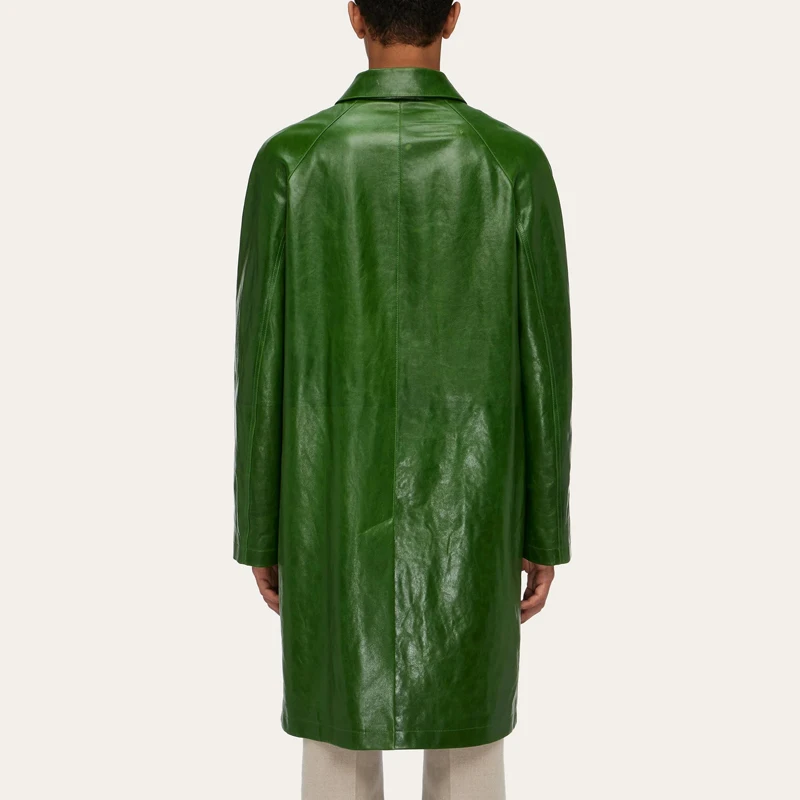 High quality sheepskin trench coat men classic green single breasted mid length British fashion custom windbreaker coat for men