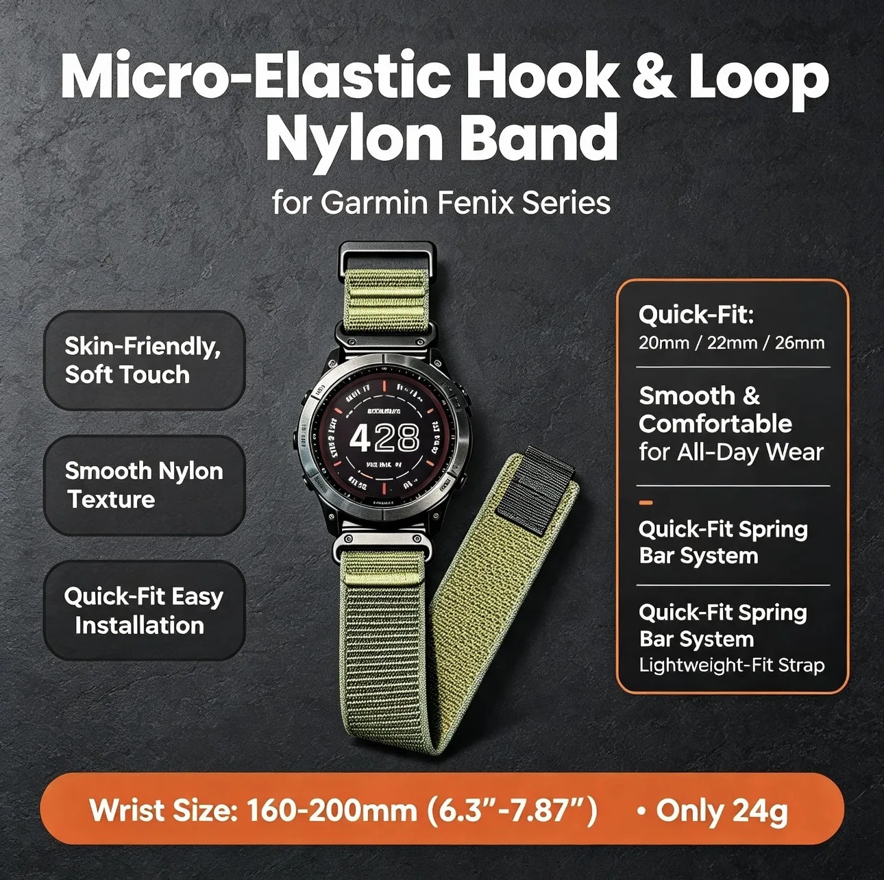 Micro‑Elastic Hook & Loop Nylon Quick‑Fit Strap 20/22/26mm, Replacement Band for Garmin Fenix 5 6 7 8 Outdoor Sport Bands