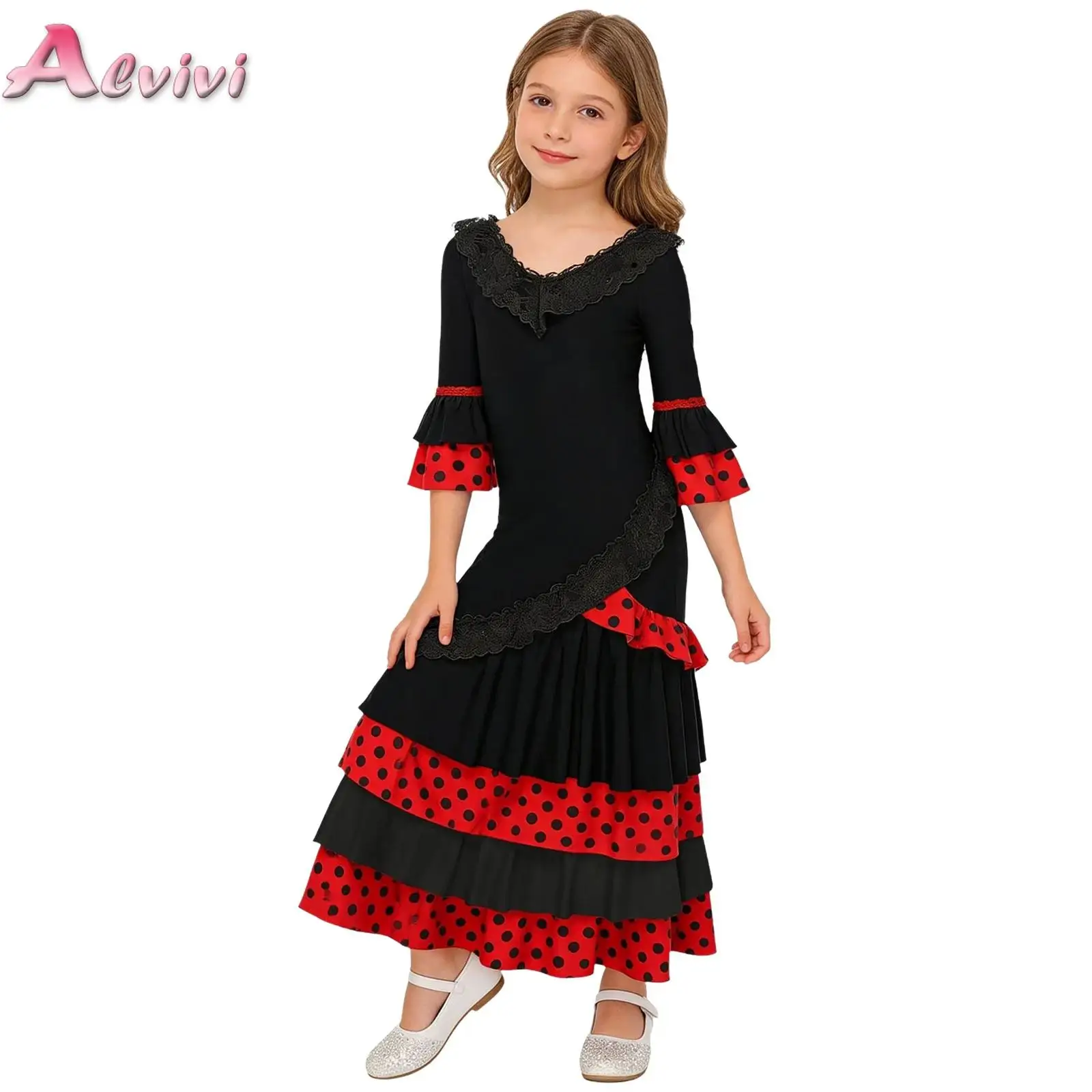 

Kids Flamenco Dancer Costume Childrens Traditional Spanish Dance Dress for Girls Festival Carnival Stage Performances Dancewear