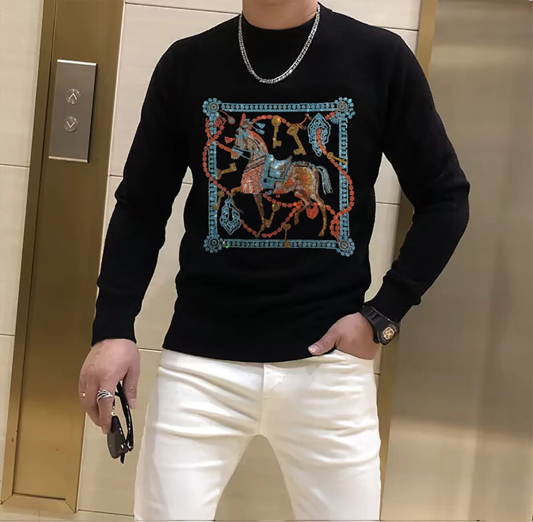 Men\'s Street Sweater Trendy Brand Rhinestone Skull Plein Pullover Tops Round Neck Plus Size Black Hip-Hop Streetwear Man Clothes