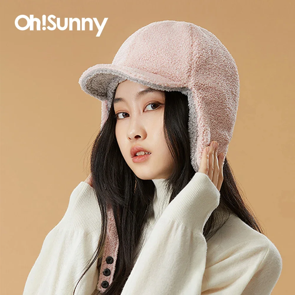 OhSunny-Sombrero de bombardero de piel para mujer, gorros bonitos de doble cara, a prueba de viento, cálido, con Protector de orejas, para invierno