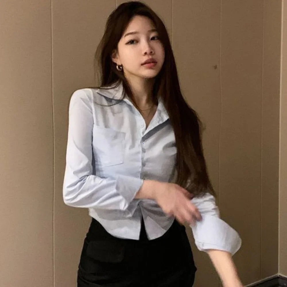 

Shirts Women Folds Slim Fit Crop Tops Daily Design White Pure Korean Style Fashion Casual Office Lady All-match Tender Spring