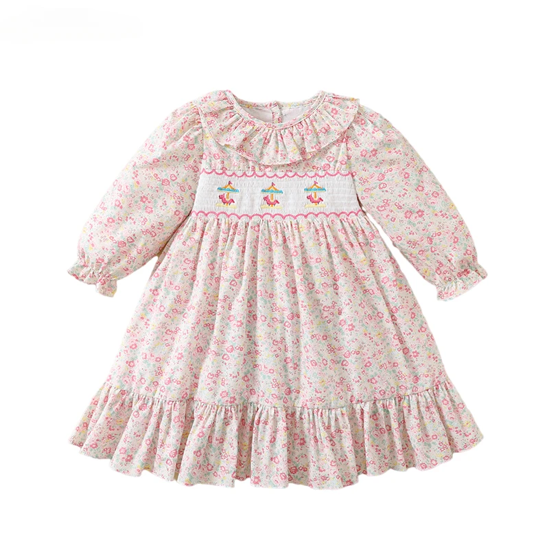 

2024 Kids Vintage Handmade Embroidery Boutique Smocked Dress Princess Floral Clothes for Girls Children Matching Autumn Outfit