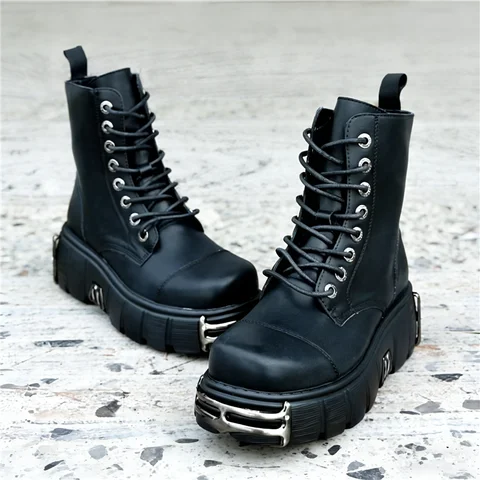 Metal Decoration Motorcycle Boots Women Chunky Heel Platform Runway Ankle Boots Punk Gothic All Match High Top Shoes Large Size
