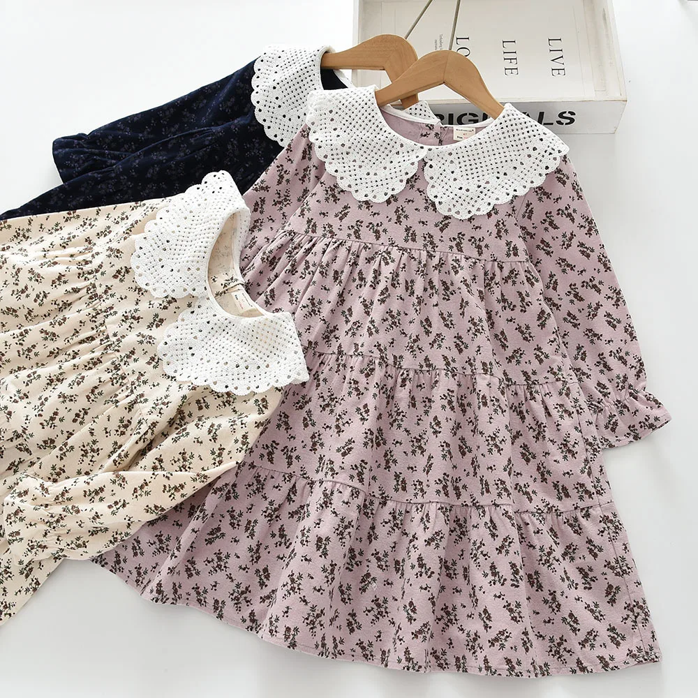 

2025 autumn new, flower embroidery hollow lace big lapel girls long-sleeved princess dress