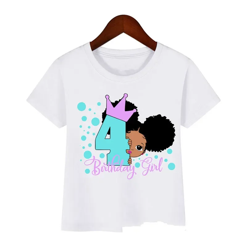 

Cute little black melanin princess print girl t-shirt for birthday kids funny t shirts 1 2 3 4 5 6 7 8 year present custom name