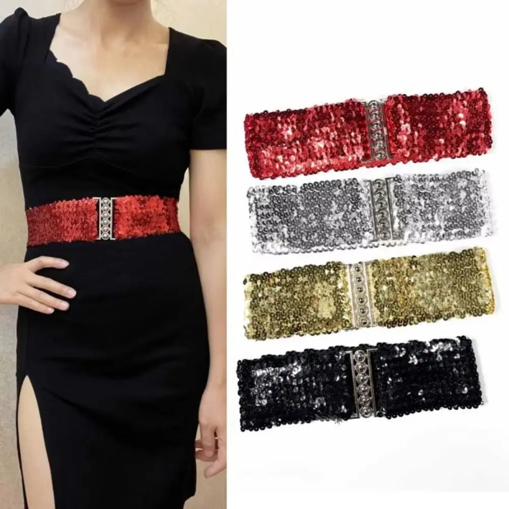Sparkling Sequined Wide Corset Belt Wide Elastic Metal Buckle Waist Corset Belts Decorative Stretch Sequin Elastic Wide Belt