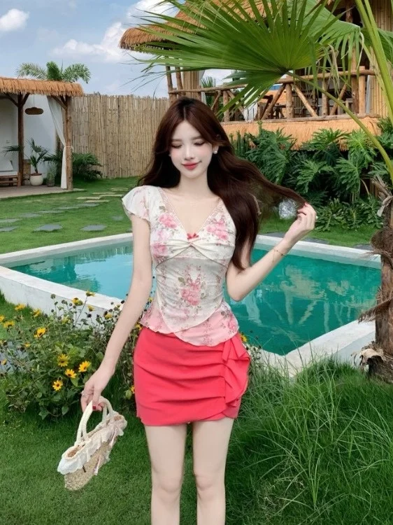 

plus Size Women's Floral Knot Lace V-Neck Top And Short Skirt Set Summer Fashion High Waist Bodycon Trendy Outfit