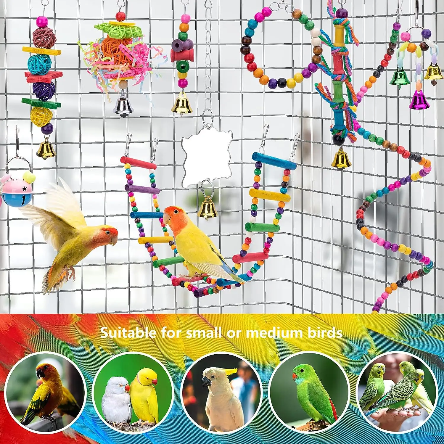 Combination Bird Toys Set Swing Chewing Training Toys Small Parrot Hanging Hammock Parrot Cage Bell Perch Toys with Ladder Toys