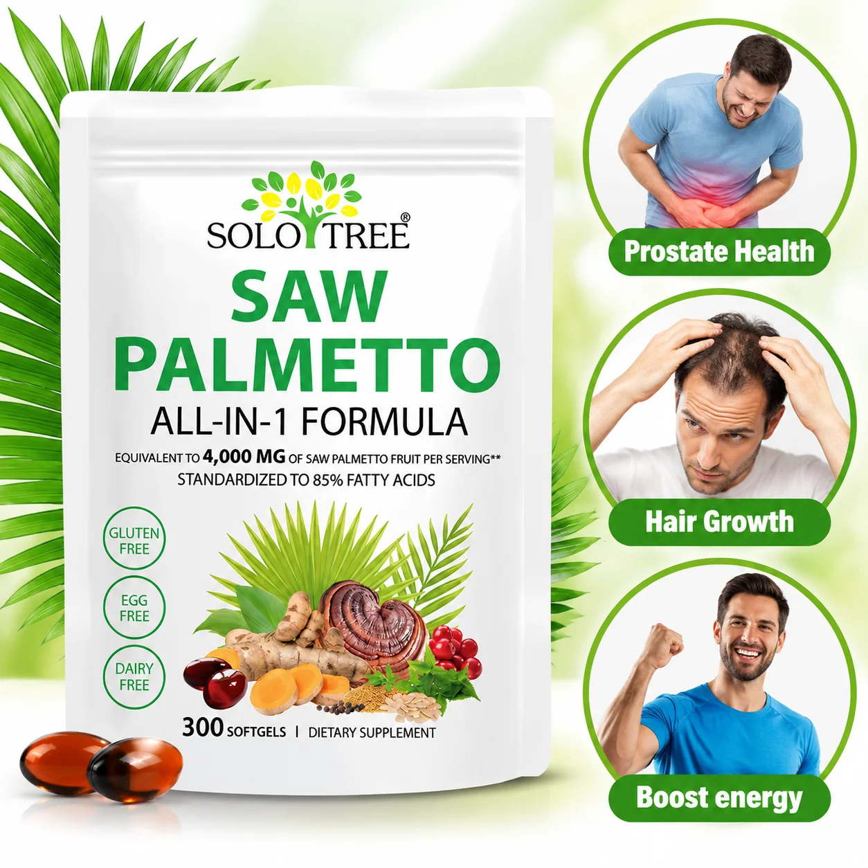 Saw Palmetto Softgels Prostate Health Urinary Flow Hair Growth Boost Energy Saw Palmetto Oil Pumpkin Seed 300 Count for Men