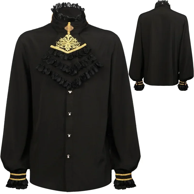Men Shirts Medieval Renaissance Groom Golden Edges Black Shirt Gothic Stand Collar Ruffle Cuff Long Sleeve Pirate Top