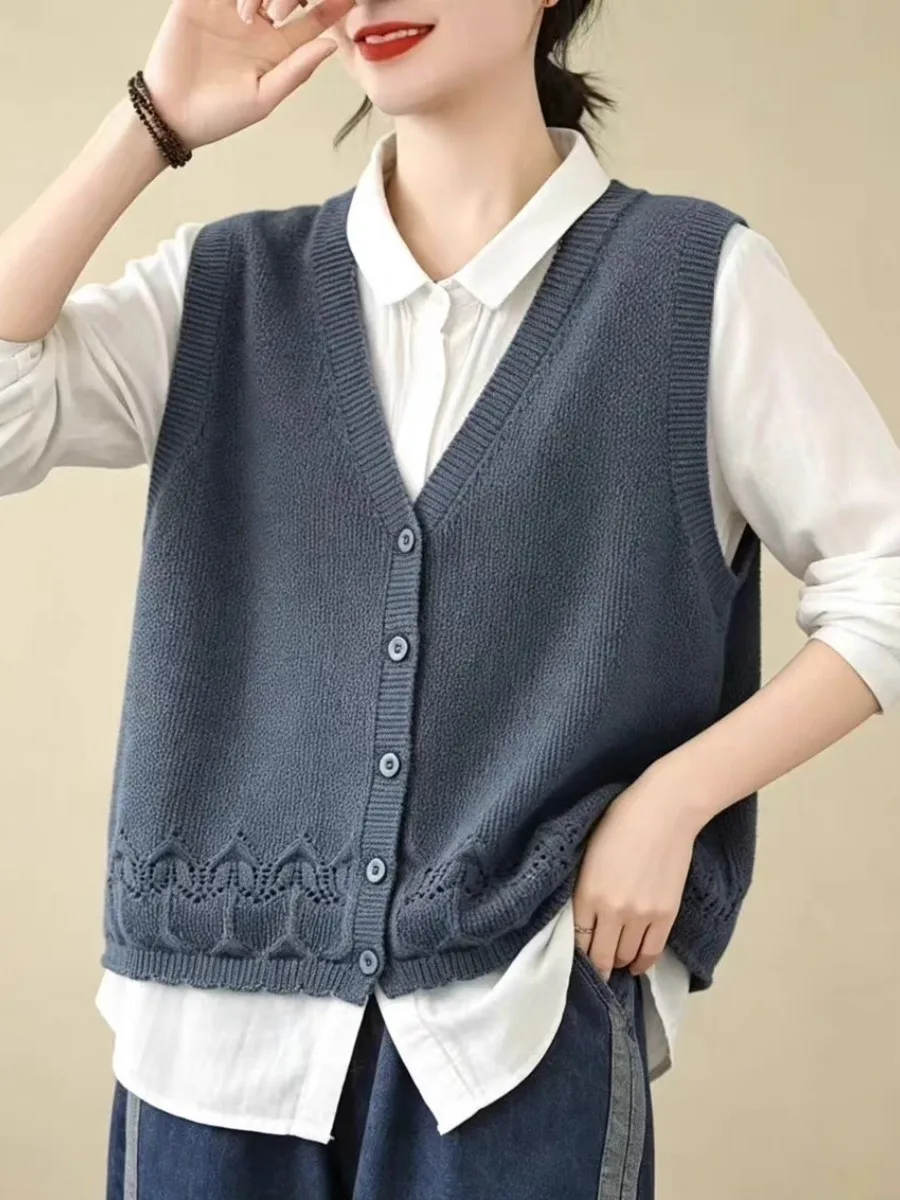 Authentic 2026 New Outerwear Cotton Knitted Open Cardigan Vest Loose Autumn Sweater Female Fashion Casual Style Knitwear