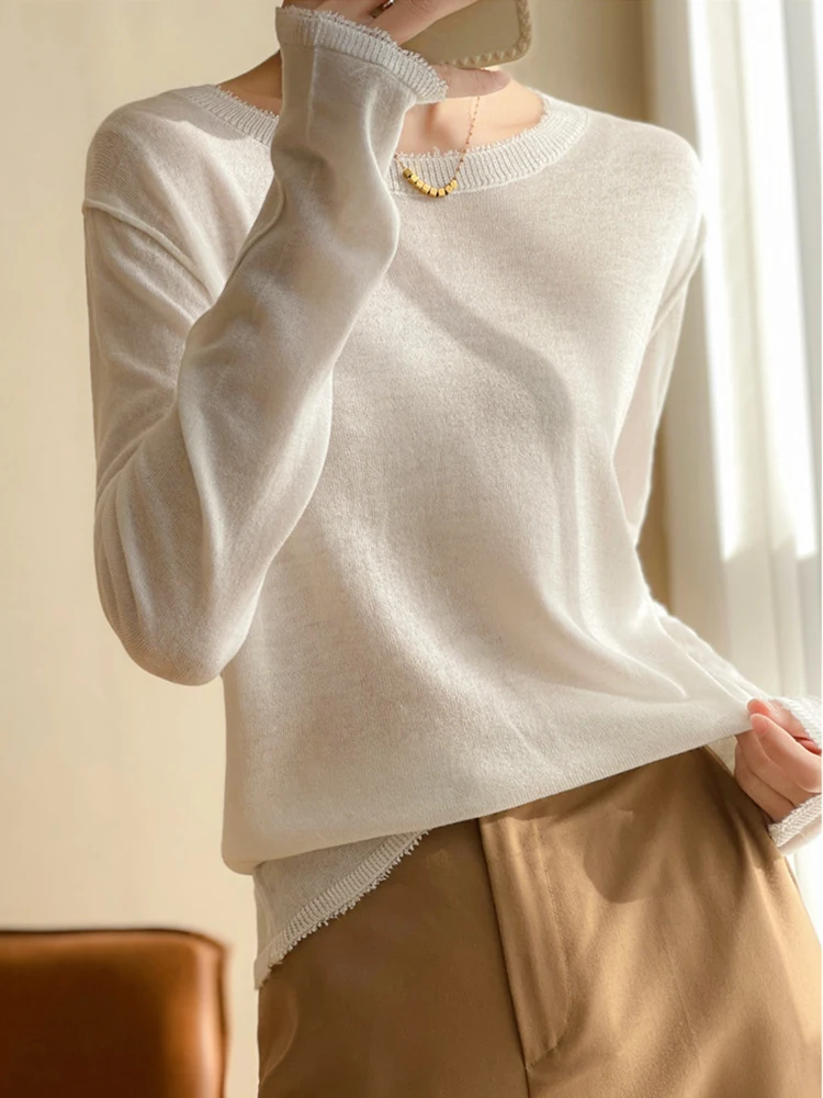 Elegant Thin Knitted Bottom Cashmere Sweater Women Pullover Loose O-neck Jumper Autumn Winter Female Sweaters Solid Tops 2024