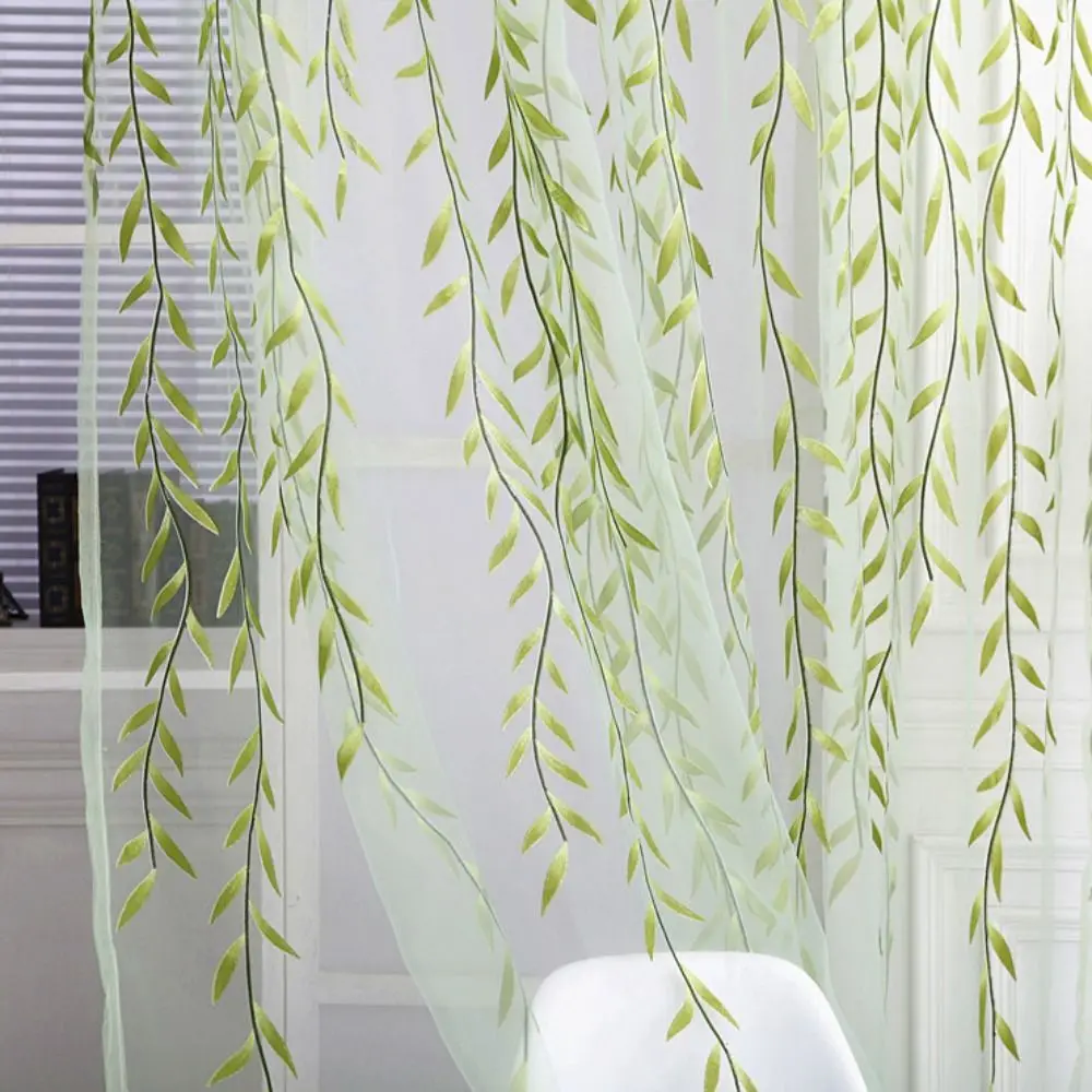 

Window Treatment Tulle Curtain Willow Leaf Curtain Pastoral Style Green Window Drapes Gauze Romantic Sheer Curtains Living Room