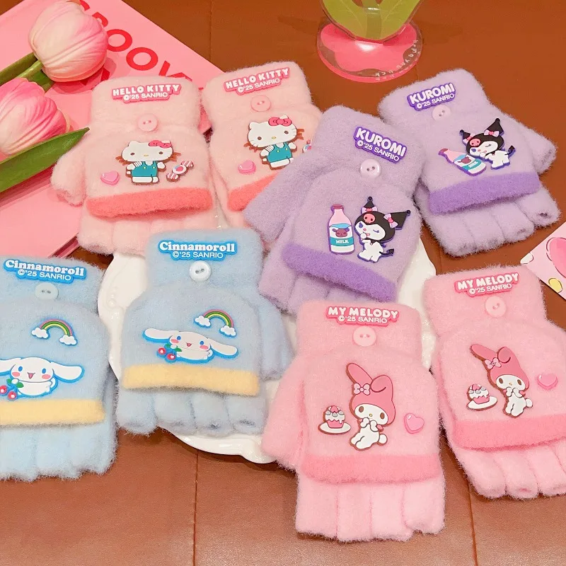 

Hello Kitty Sanrio New Half Finger Gloves for Kids Boys Girls Winter Warm Flip Cover Mittens Christmas gifts for children