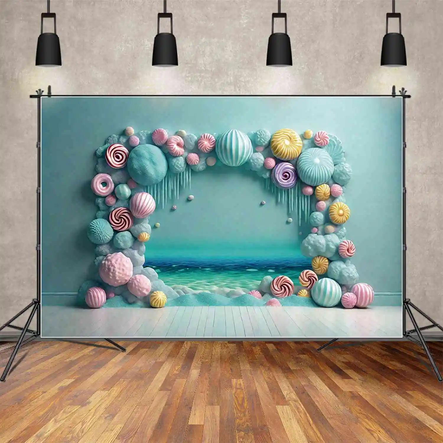 

MOON.QG Seabed Candyland First Birthday Backdrops Baby Shower Candy Lollipop Beach Background Custom Party Photocall Accessories