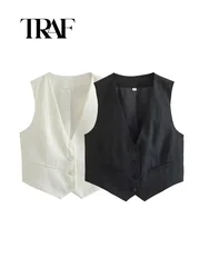 TRAF Women Fashion Front Button Linen Waistcoat Vintage V Neck Sleeveless Female Outerwear Chic Vest Tops ﻿